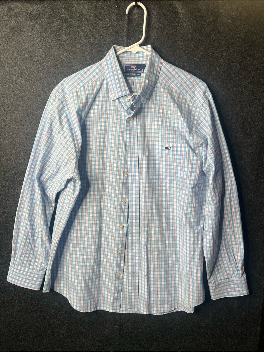 Vineyard Vines Men's Blue Red Plaid Slim Fit Cotton Embroidered L Shirt